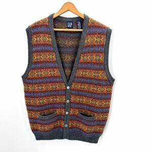 Vintage Gap 100% Wool Fair Isle Button Up Cardigan Sweater Vest Mens Large